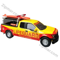 Thumbnail for Greenlight 2016 Ford F150 Emerald Bay Beach Patrol 1:64 diecast truck in yellow and red with LIFEGUARD lettering and roof rack surfboard