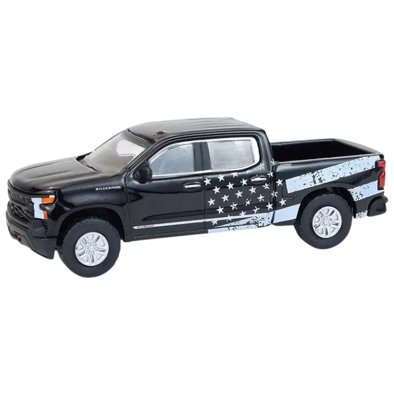 Three quarter view of Greenlight Blue Collar Silverado diecast truck
