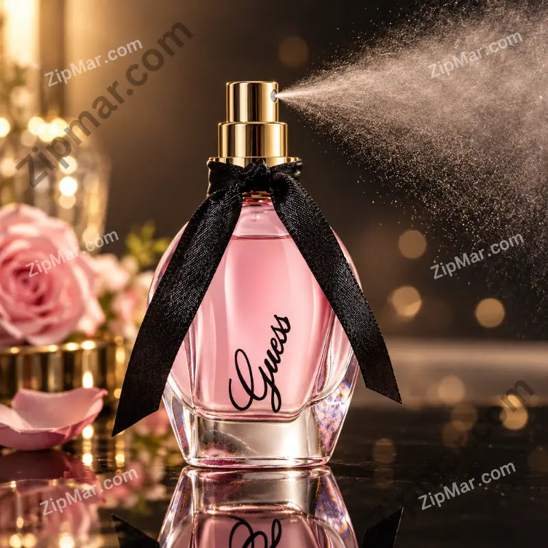 Guess Girl eau de toilette bottle with black ribbon spraying mist