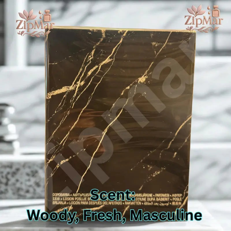 Guess Uomo After Shave box back with black and gold marble print and after shave text in several languages