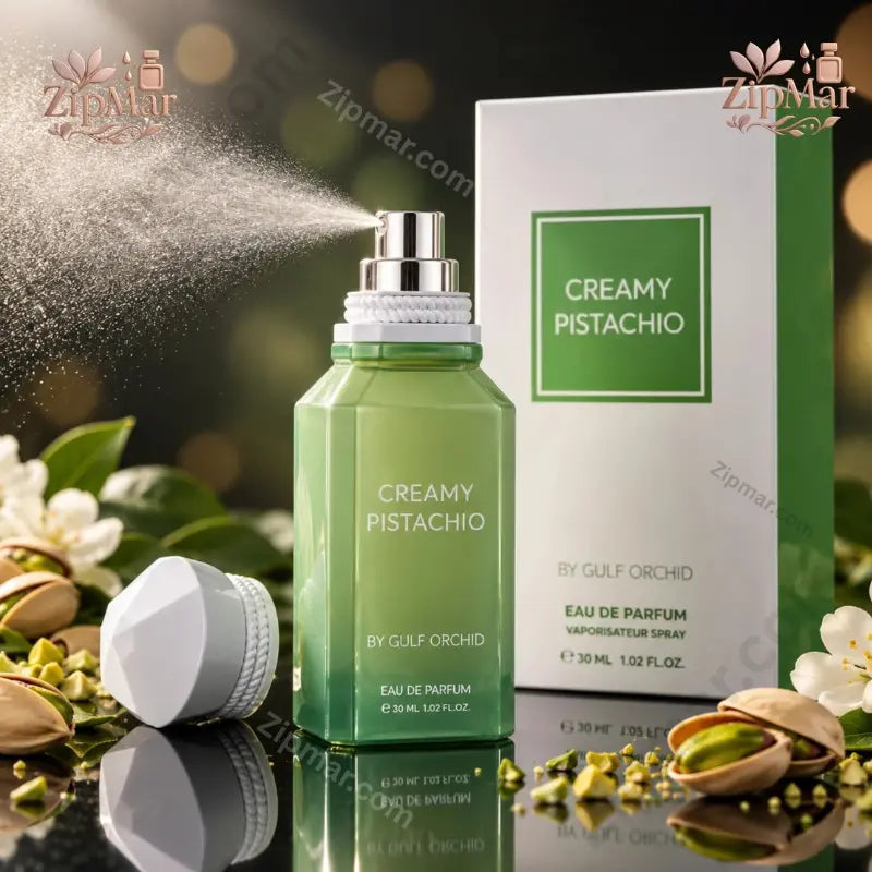 Gulf Orchid Creamy Pistachio green glass bottle spraying fragrance mist with cap open
