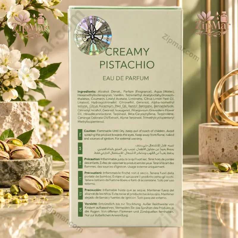 ack view of Gulf Orchid Creamy Pistachio Eau De Parfum box showing full ingredient list
