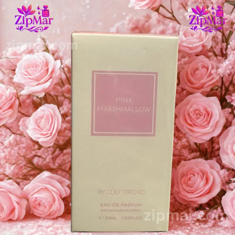 Front view of Gulf Orchid Pink Marshmallow Eau de Parfum 1.02 fl oz 30 ml box against pink roses background