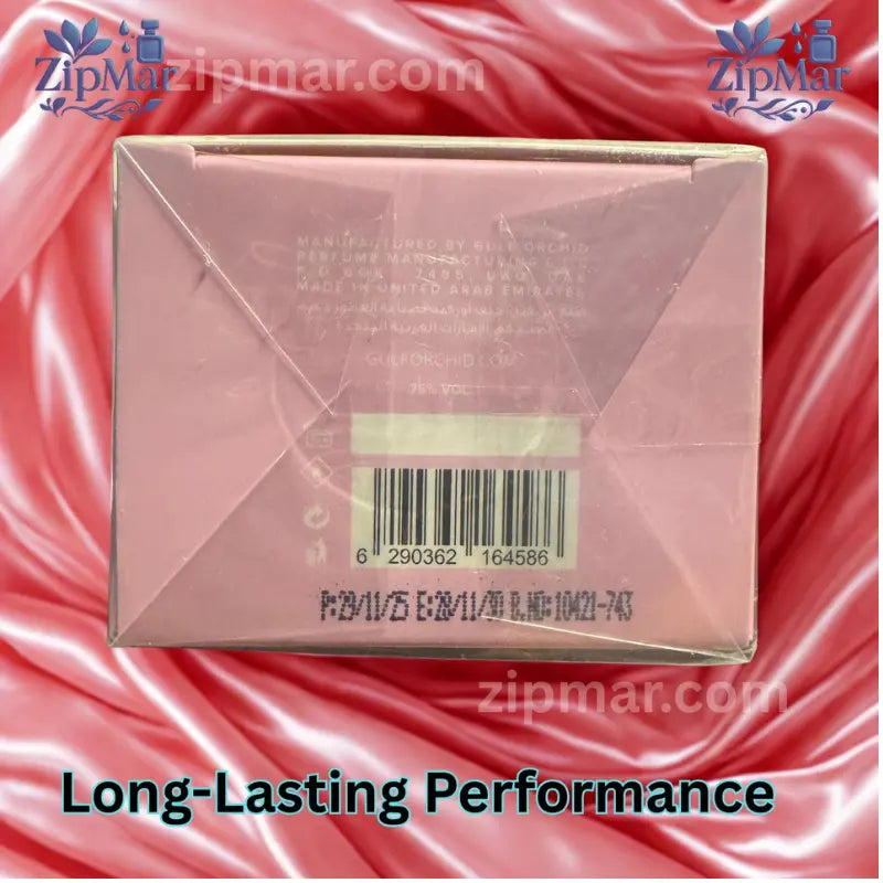 Bottom label of Gulf Orchid Pink Marshmallow EDP box showing barcode, batch 10421-743, and Made in UAE details