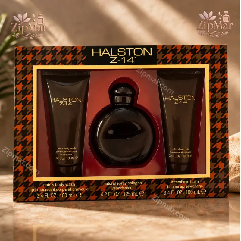 Back of Halston Z 14 gift set box showing ingredients, volume, and barcode
