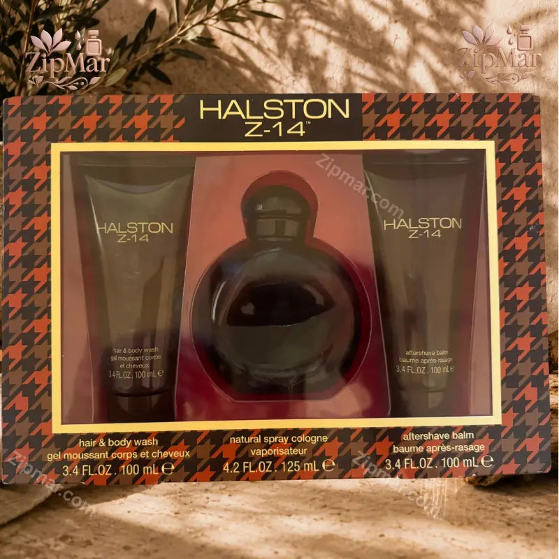 Front view of Halston Z 14 Men 3 piece fragrance gift set in houndstooth box packaging