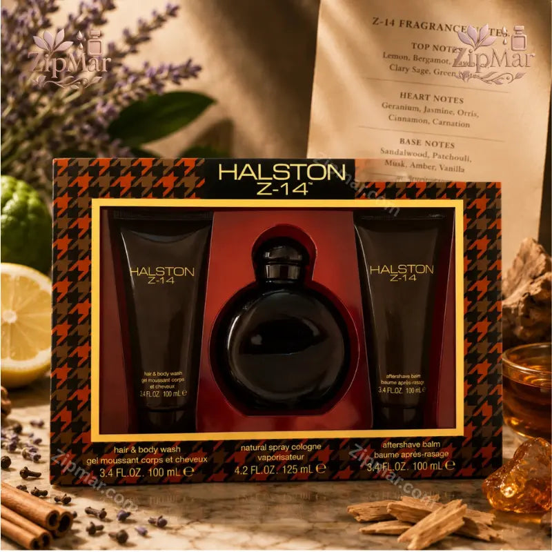 Halston Z 14 3 piece set styled with scent notes card and ingredients setup