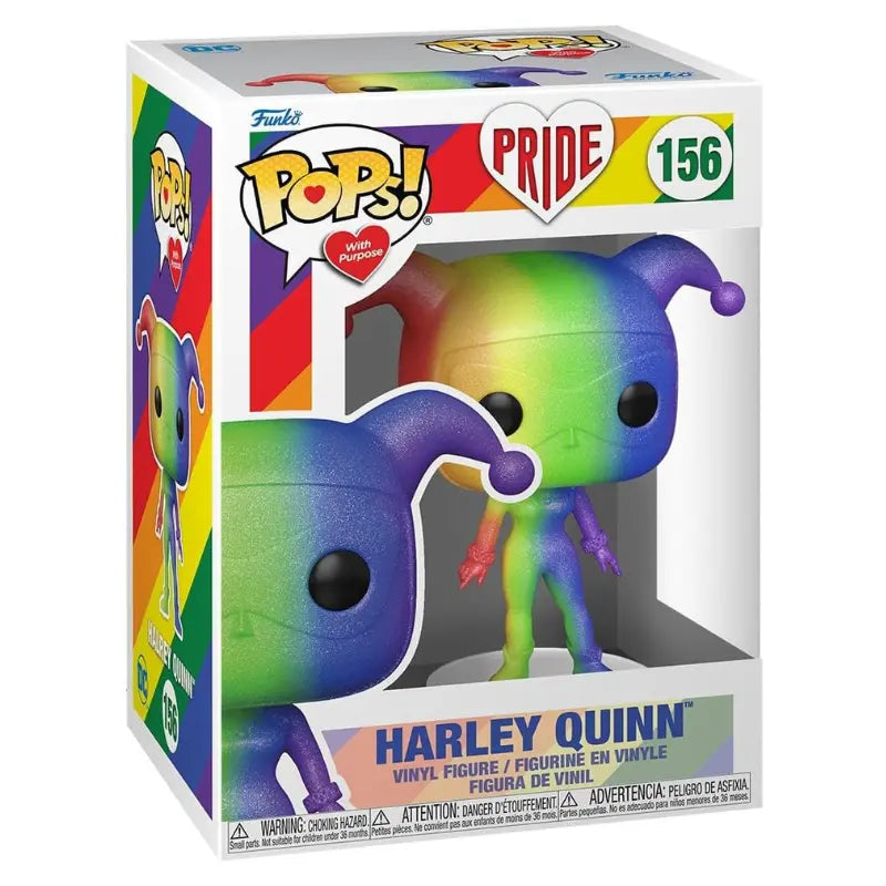 The Funko Pop! Harley Quinn Pride figure in its retail window box packaging, clearly displaying the Pride heart logo and number 156.