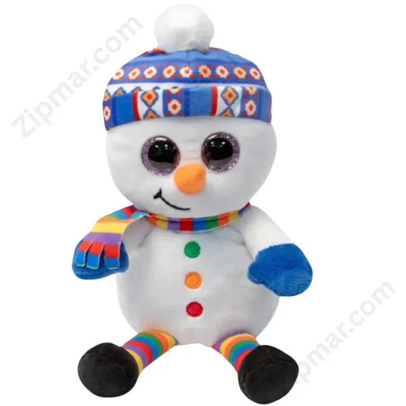 Sitting holiday snowman plush with sparkly glitter eyes, blue fair isle winter hat with white pom-pom, rainbow striped scarf, blue mittens, and colorful green orange red buttons