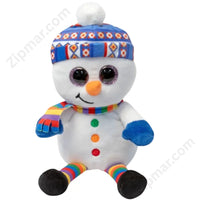 Thumbnail for Sitting holiday snowman plush with sparkly glitter eyes, blue fair isle winter hat with white pom-pom, rainbow striped scarf, blue mittens, and colorful green orange red buttons