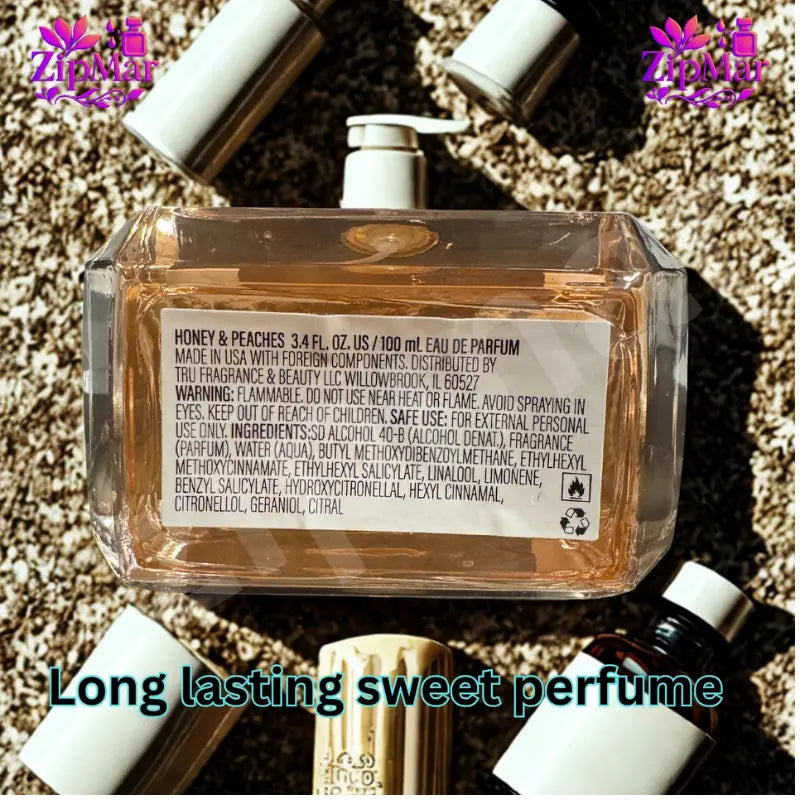 Honey and Peaches Eau de Parfum 3.4 fl oz 100 mL bottle base label with ingredients and Tru Fragrance and Beauty distributor