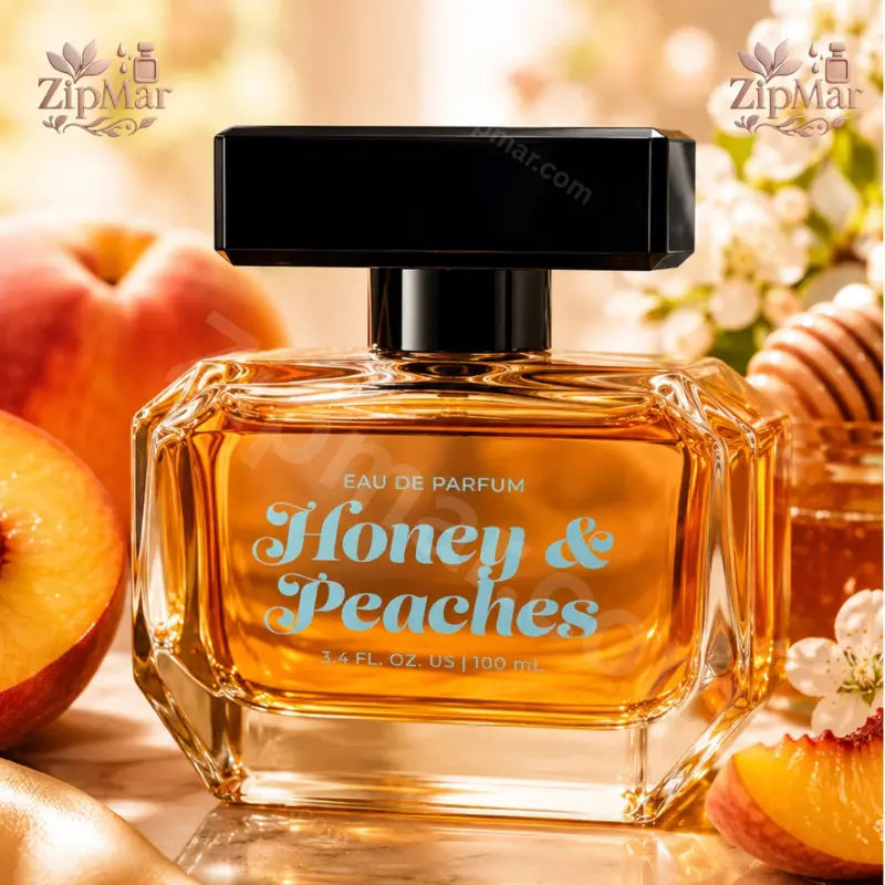 Honey and Peaches Eau de Parfum 3.4 fl oz 100 mL amber faceted bottle with black cap beside peaches and honey