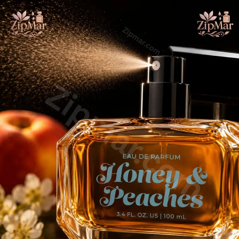 Honey and Peaches Eau de Parfum 100 mL bottle with black spray pump misting beside a peach