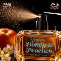 Thumbnail for Honey and Peaches Eau de Parfum 100 mL bottle with black spray pump misting beside a peach
