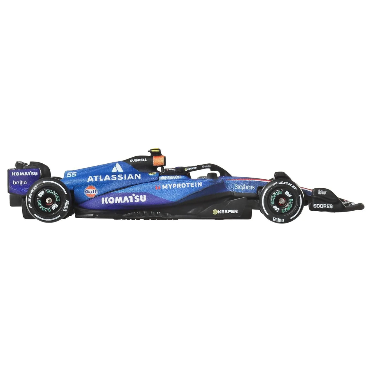 Angled side view of Hot Wheels F1 2025 Williams Racing 55 diecast