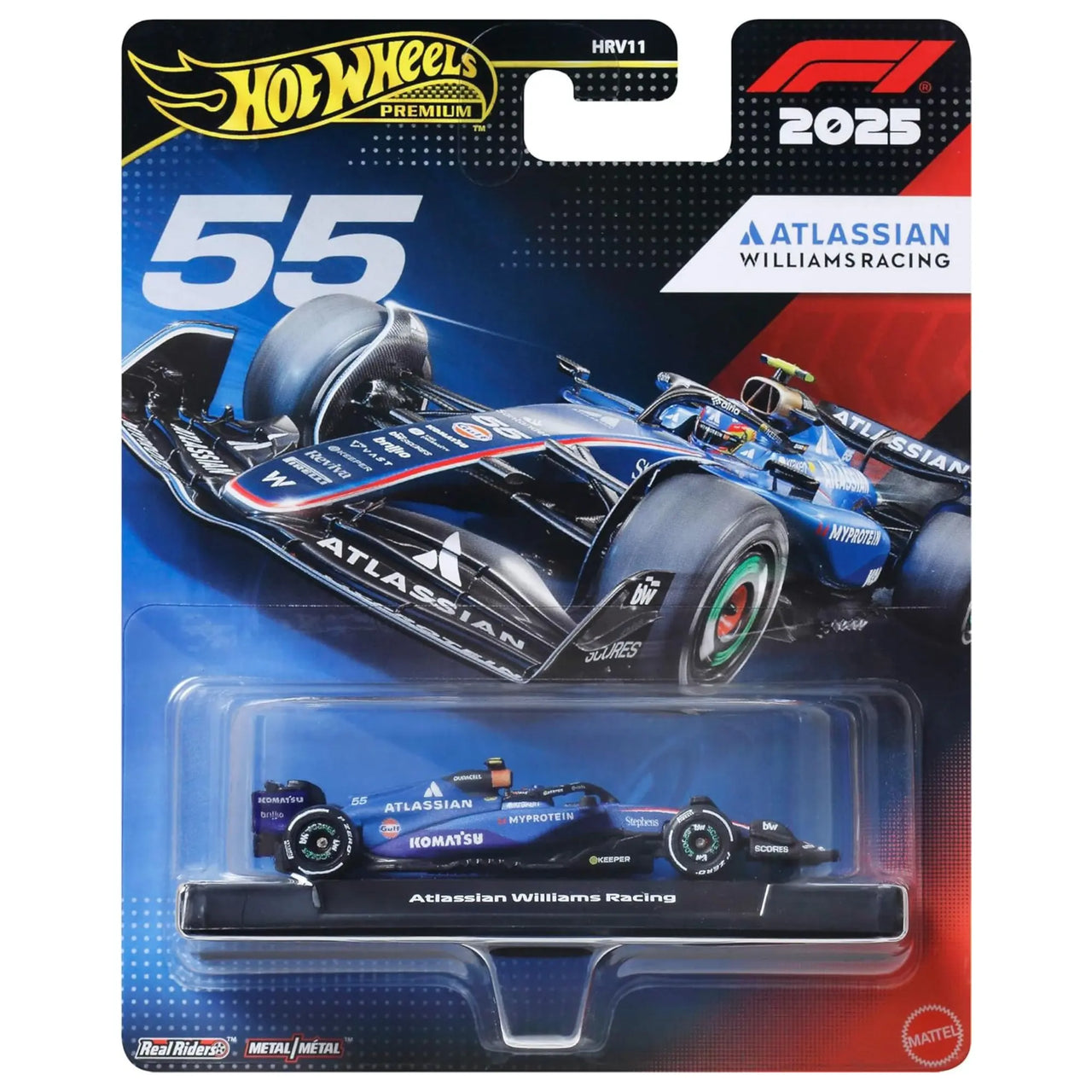Hot Wheels Premium F1 2025 Atlassian Williams Racing packaging card, number 55