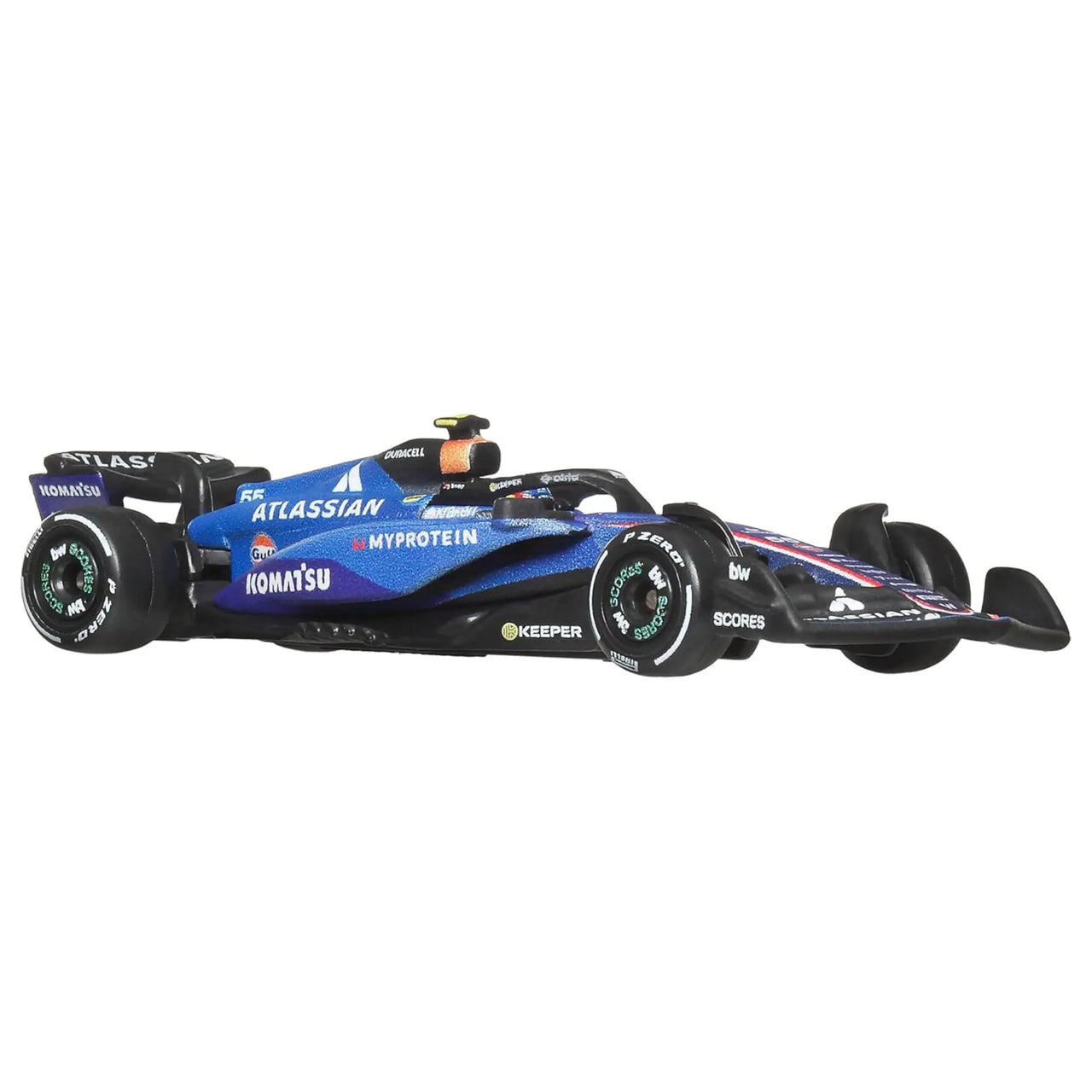 Side profile of Hot Wheels F1 Atlassian Williams Racing diecast race car