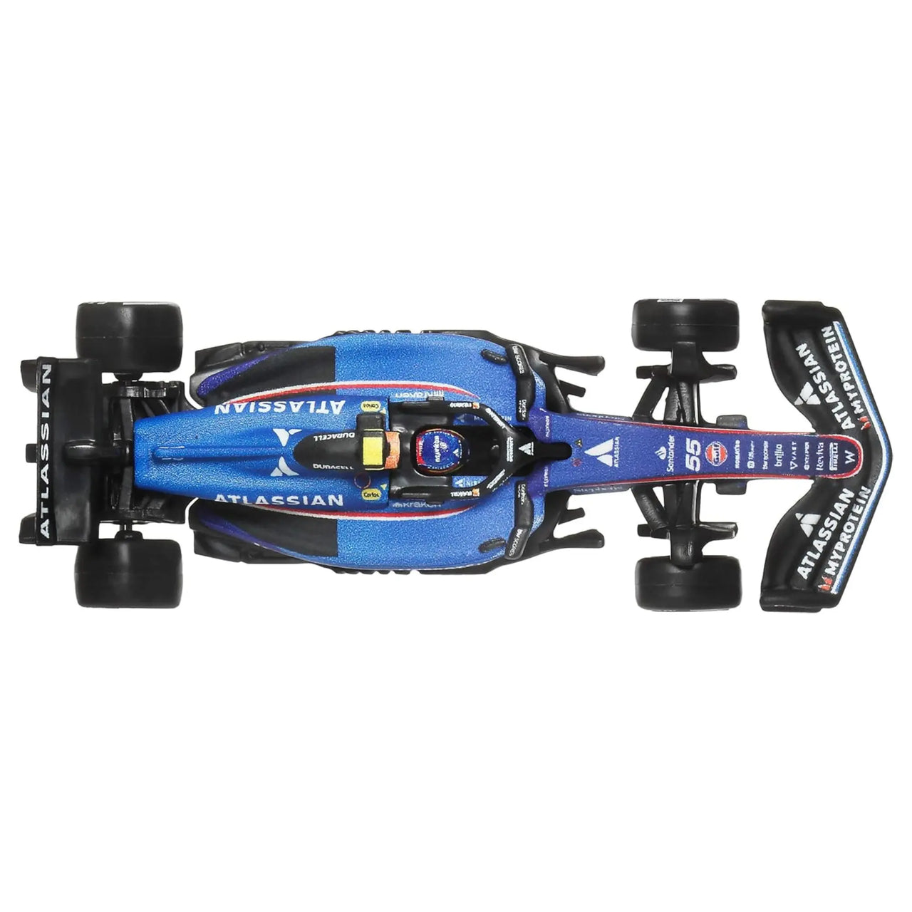Top down view of Hot Wheels F1 2025 Atlassian Williams Racing number 55 diecast car