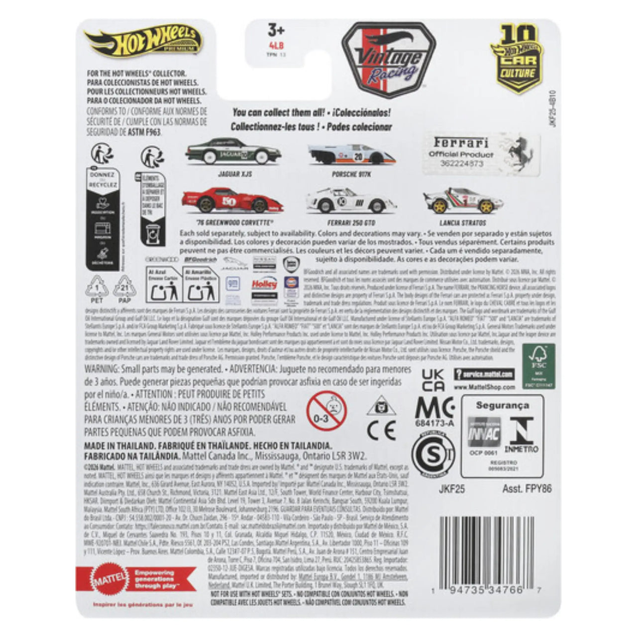 Back of Hot Wheels Premium Vintage Racing packaging card showing UPC and safety info