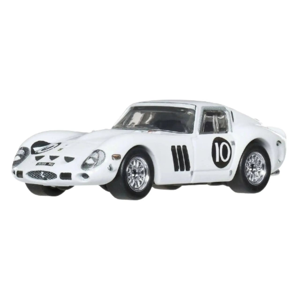 Side front view of Hot Wheels Premium Ferrari 250 GTO white diecast car number 10