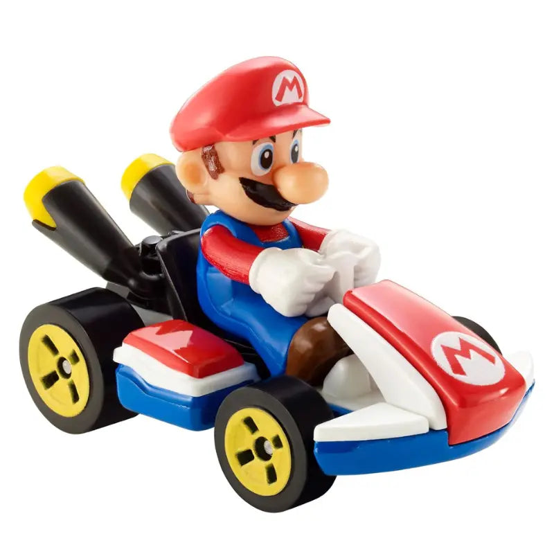 Rear angle view of Hot Wheels Mario Kart Mario diecast figure