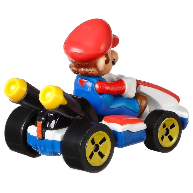 Side angle view of Hot Wheels Mario Kart Mario diecast in Standard Kart
