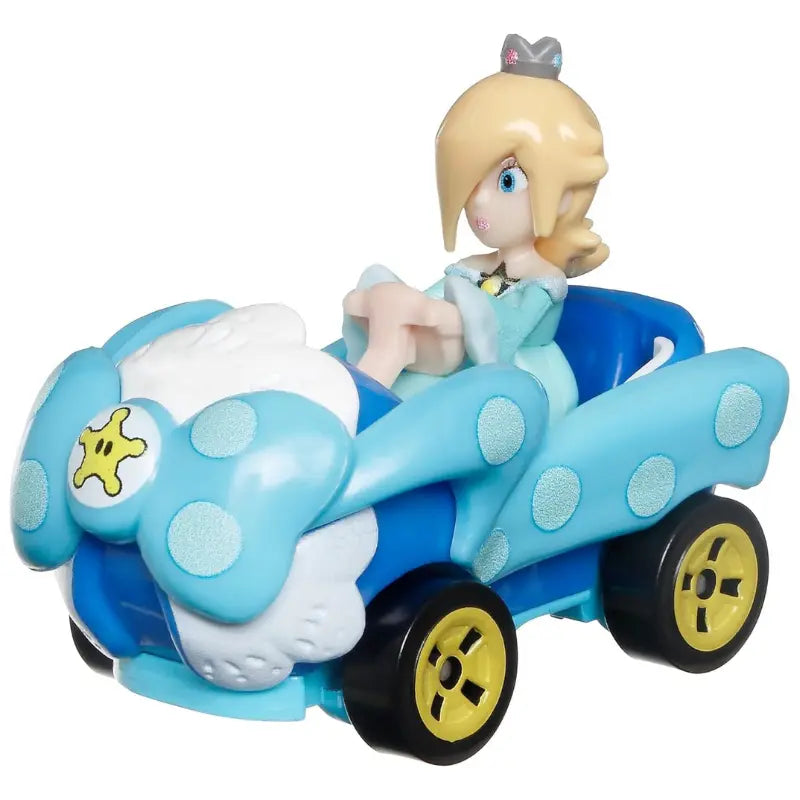 Side angle view of Hot Wheels Mario Kart Rosalina Birthday Girl kart diecast