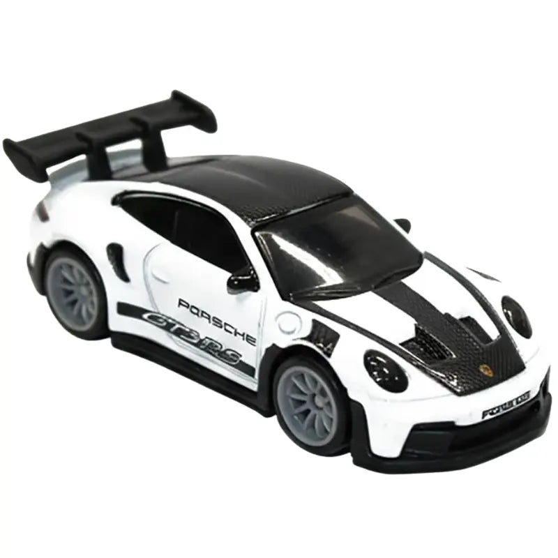 Front angle view of Hot Wheels Porsche 911 GT3 RS white diecast car