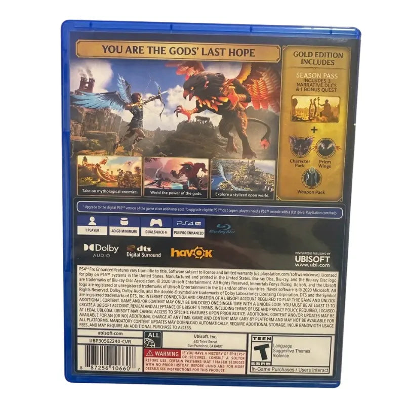 Immortals Fenyx Rising Gold Edition PS4 back cover showing Season Pass contents DLC bonuses PS4 Pro specs ESRB T rating