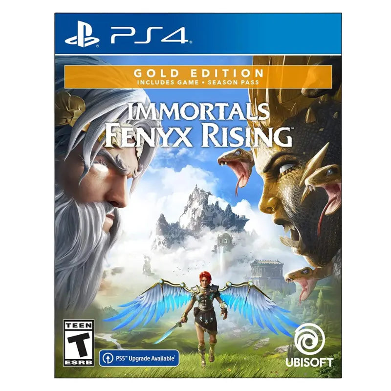 Immortals Fenyx Rising Gold Edition PS4 front cover with Fenyx winged hero Zeus and mythological creature Ubisoft