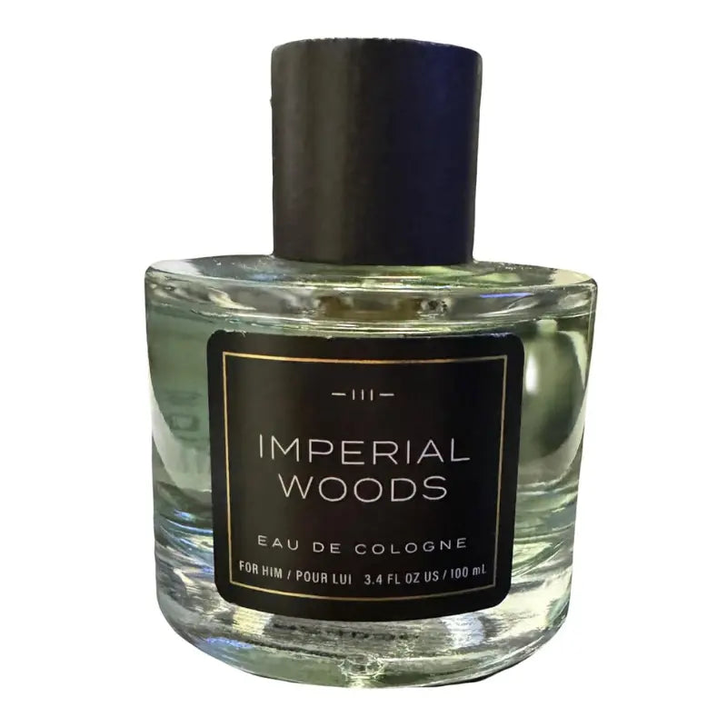 Front view of the Imperial Woods cologne bottle by Tru Fragrance, highlighting the minimalist white label.