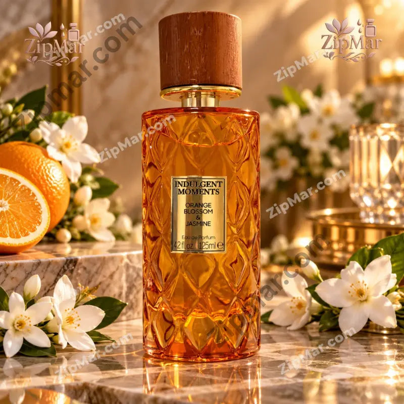 “Indulgent Moments Orange Blossom and Jasmine eau de parfum 4.2 oz 125 ml front with gold label”