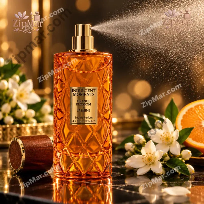 “Indulgent Moments Orange Blossom and Jasmine eau de parfum bottle spraying with wood cap removed”