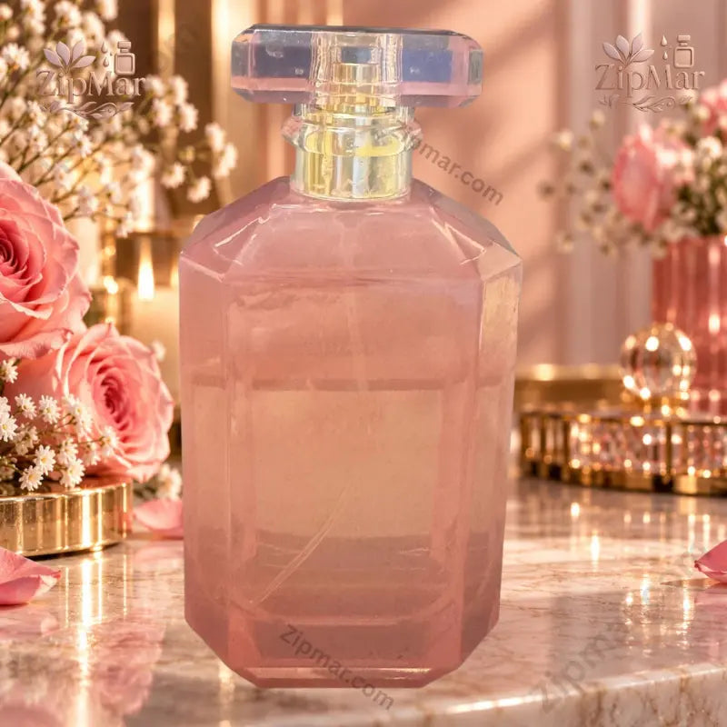 Infinite Beauty Made You Blush 100 mL Eau de Parfum faceted pink glass bottle angled side view with roses