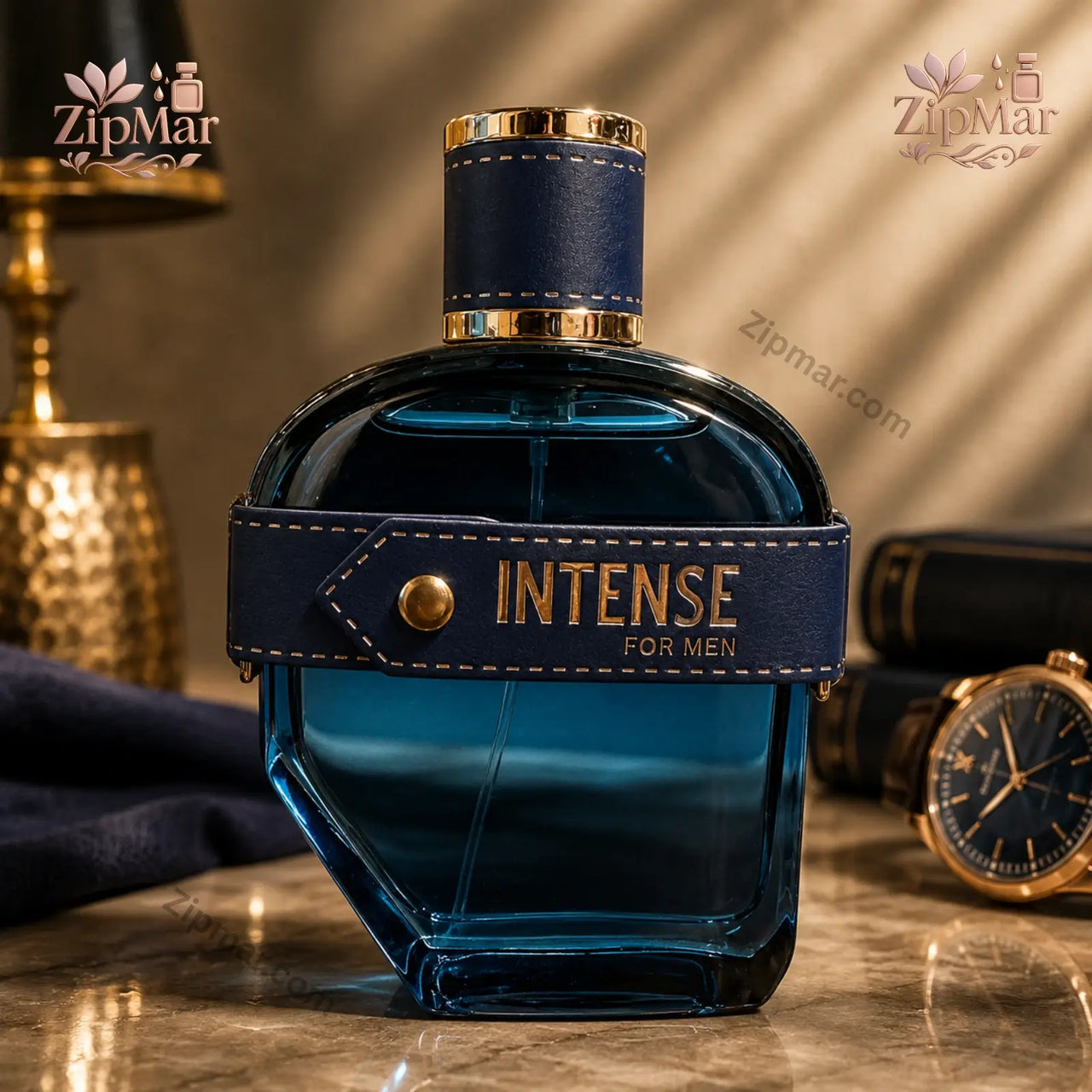 Intense for Men fragrance blue glass bottle with navy leather strap and gold accents