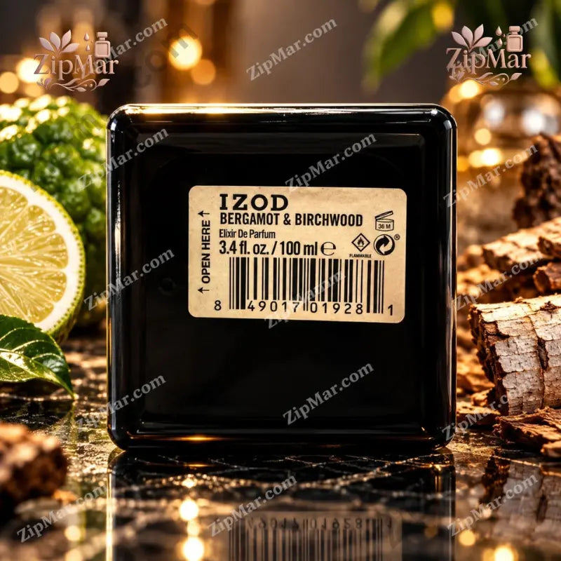 IZOD Bergamot & Birchwood Élixir de Parfum bottle base showing UPC barcode, 36M PAO, and product details