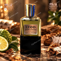 Thumbnail for IZOD Bergamot & Birchwood Élixir de Parfum 3.4 oz front view — dark faceted glass bottle with copper label and silver cap