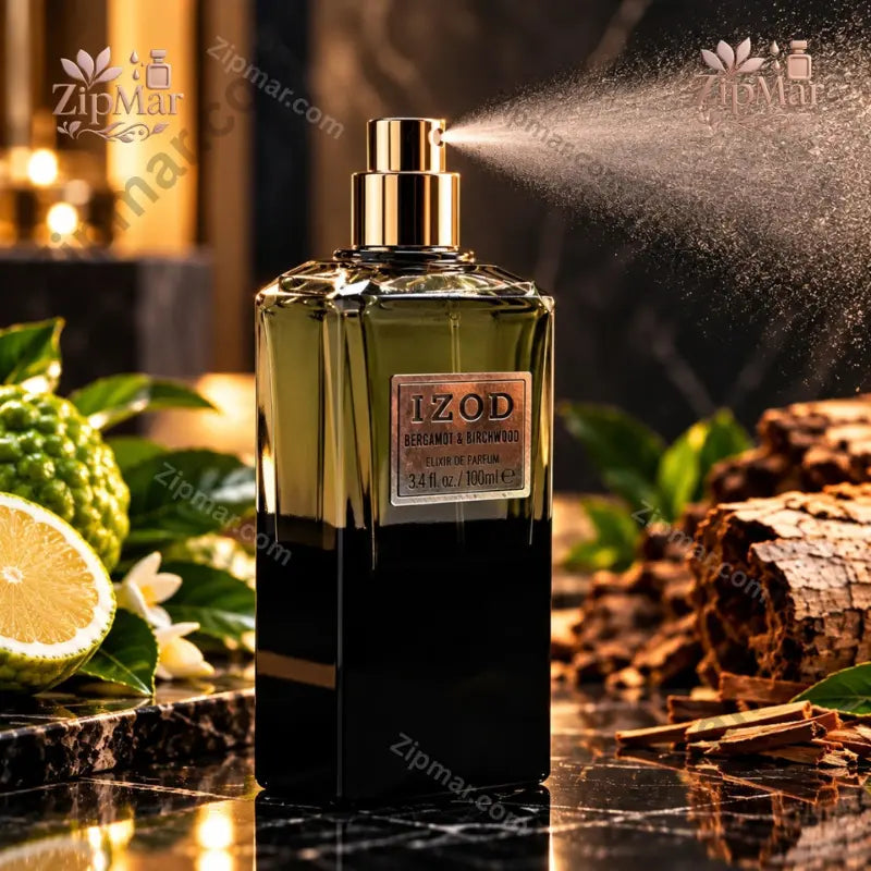 IZOD Bergamot & Birchwood Élixir de Parfum 100ml bottle spraying mist in dramatic dark setting with bergamot and birchwood