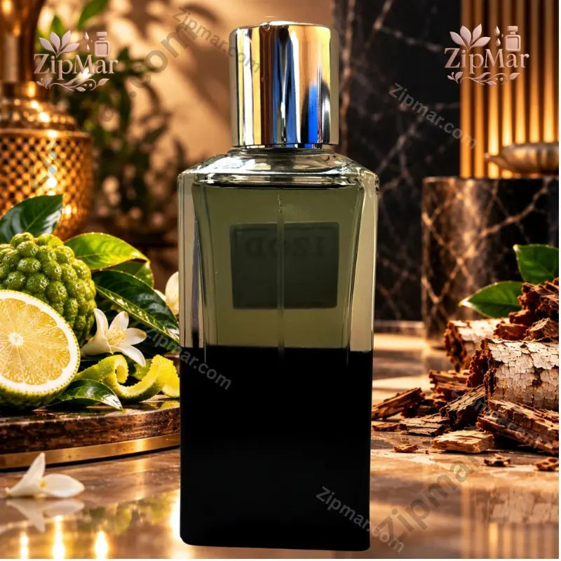IZOD Bergamot & Birchwood Élixir de Parfum — side view of dark olive-black faceted glass bottle with chrome cap