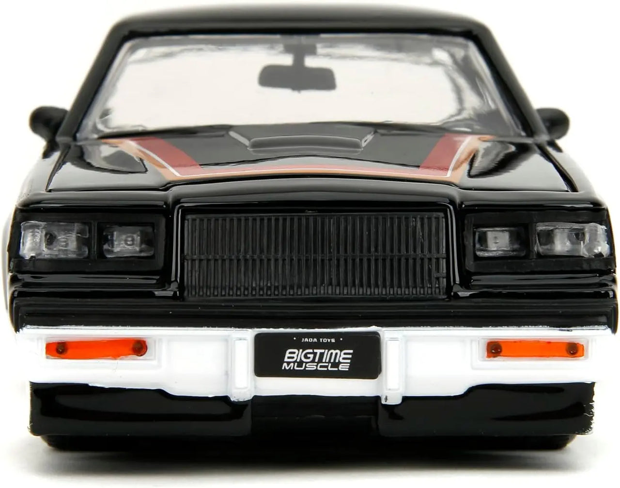 Front head-on view of the black 1987 Buick Grand National 1:24 diecast car showing the grille and front license plate.