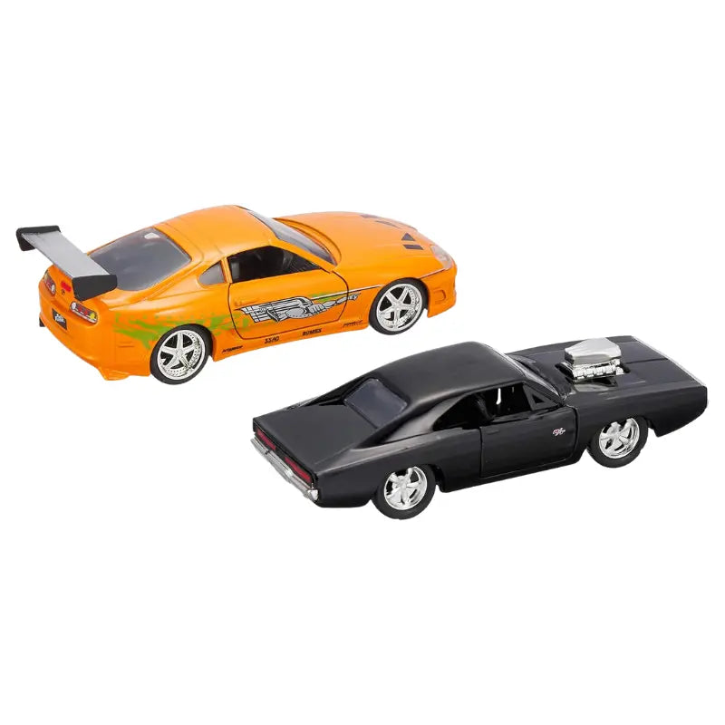 1:32 scale diecast models of Dominic Toretto's black Dodge Charger and Brian O'Conner's orange Toyota Supra.