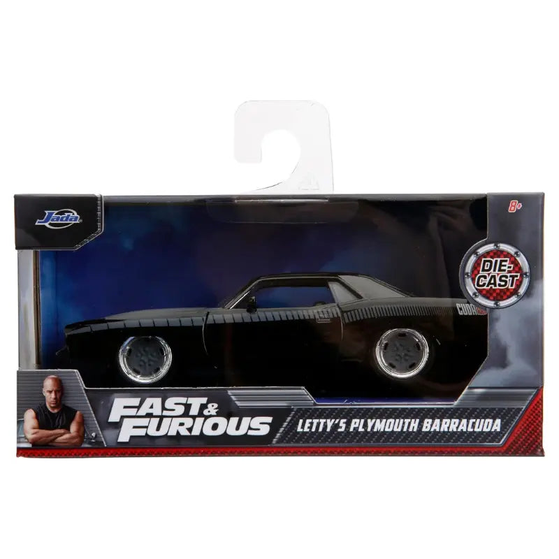 Jada Fast & Furious Letty's Plymouth Barracuda 1:24 scale diecast car in its official window box packaging with Vin Diesel image.