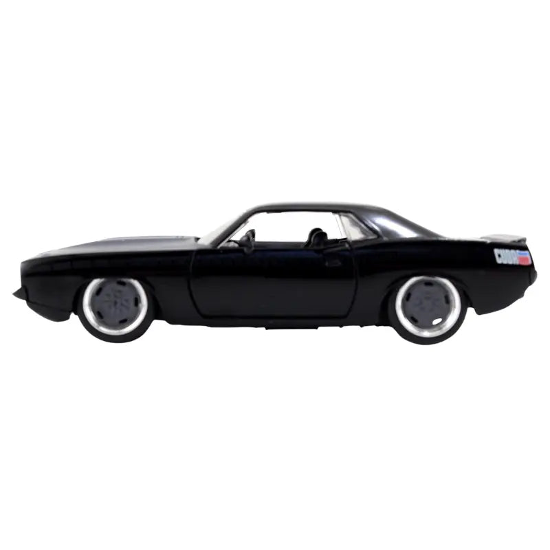 Left side profile view of the Jada Fast & Furious Letty's Plymouth Barracuda 1:24 diecast car showing chrome and gray wheels.