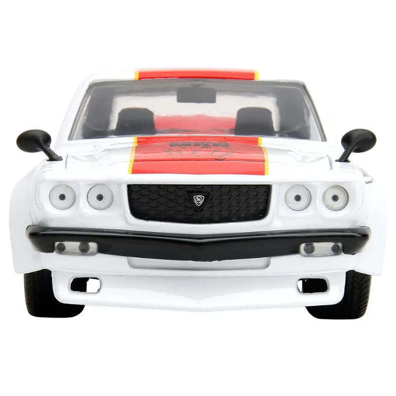 1974 Mazda RX-3 One Punch Man diecast car front view with grille and headlights
