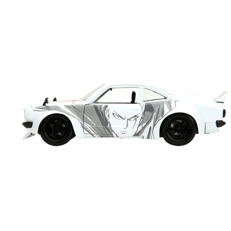 1974 Mazda RX-3 One Punch Man diecast car side profile view with Saitama graphic