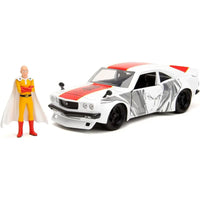 Thumbnail for Saitama figure standing next to 1974 Mazda RX-3 diecast car full set display