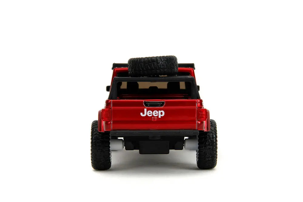 Rear view of the 2020 Jeep Gladiator diecast truck highlighting the red metallic finish and rugged tires.