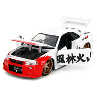 Thumbnail for 1:24 Nissan Skyline R34 diecast with open hood doors and trunk showing engine details