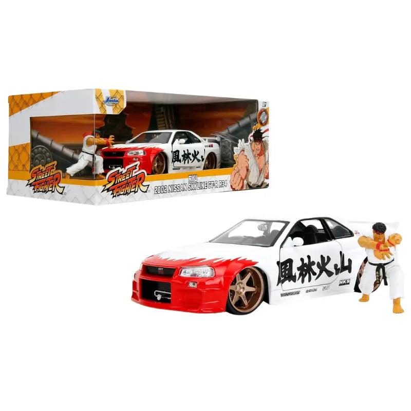 Angled view of Jada Toys Hollywood Rides Street Fighter Ryu Nissan Skyline R34 box