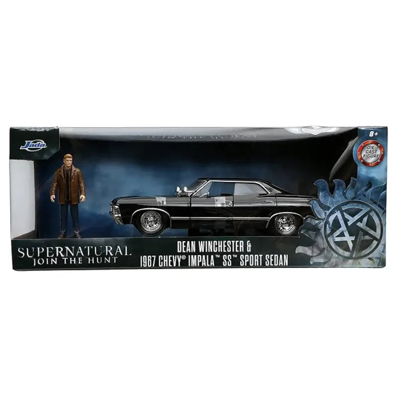 Jada Supernatural "Join The Hunt" 1:24 scale 1967 Chevy Impala SS Sport Sedan diecast car and Dean Winchester figure in original collector window box packaging.